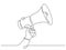 One line hand with megaphone. Person hold loudspeaker in continuous lines style. Symbol of sale, hiring or event