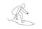 One line surfing sport. Vector illustration person standing on surf board on wave