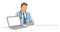 One line vector drawing of hospital doctor sitting pointing at laptop screen