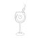 One line wineglass drawing with beverage and small heart. Line art illustration for print, card, poster and more