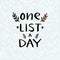 One list a day handwritten composition with twig and leaf elements on light blue cutout background with silhouettes of