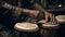 One man playing djembe, hitting percussion instrument with creativity generated by AI