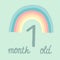 One month baby birthday greeting card invitation. Pastel multicolored rainbow hand lettering on light turquoise background. Kawaii