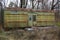 One old green iron trailer stands in dry grass and vegetation