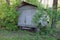 One old iron trailer on wheels overgrown with green vegetation