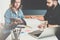 One on one meeting. Business meeting. Teamwork. Businessman and businesswoman sitting at table and working.