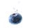 One Organic Blueberry sinking into water with air bubbles white background. Copy space on right
