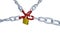 One Padlock Locks Four Metallic Chains with Four Red Stressed Links with Zoom Effect in Infinite Rotation