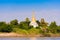 One pagoda on the banks of the Irrawaddy river, Mandalay, Myanmar, Burma. Copy space for text.