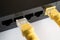 One patch cord is inserted into the yellow connector of the router