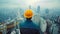 One person architect or builder in yellow helmet standing on construction site with huge city panoramic view