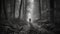 One person hiking in foggy forest, a mysterious adventure generated by AI