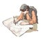 One person hiking, sketching map for adventure