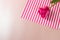 One pink Tulip on a pink striped background. Copy space, Flatley, top view. Valentines background, Easter background