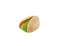 One pistachio nut ajar split shell with green kernel isolated on