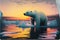 One polar bear on iceberg in ocean with floating icebergs on sunset background. floating icebergs due to climate change and