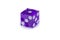 One purple glass dice isolated on white with light shadow. The result is one, macro photography.