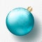 One Realistic Christmas or New Year transparent Bauble, spheres or balls in metallic bright blue color with snow and snowflakes pa