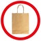 one recycled brown paper bag in red circle sign isolated on white,reused shopping bag area sign