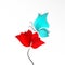 One red abstract flower, poppy, tulip or rose and sky blue or turquoise butterfly. Spring bright paper-cut style 3d