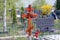 One red wooden cross stands on a grave in a cemetery