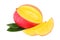 One ripe mango and two slices with drops ()