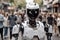 One robot standing on the street in a crowd in a big city. Male Cyborg outdoor among people. New fantastic robotic world