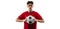 One serious soccer football player isolated over white background.