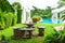 One set of white marble tables and chairs in the flower garden