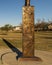 One side of the base of `Prairie Wind` by Michael Pavlosvky in CP Hadley Park in Fort Worth, Texas.