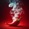 one single Chili pepper steaming hot smoke on red background