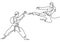 One single continuous line drawing of Taekwondo and Karate training. Two senior men practice taekwondo by attacking using legs and