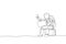 One single line drawing of astronaut hitchhiker siting on luggage while waiting for the ride in moon surface road vector