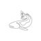 One single line drawing of big salmon for logo identity. Large lake fish mascot concept for fishing tournament icon. Continuous