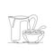 One single line drawing of bowl of cereal breakfast and pitcher of milk vector graphic illustration. Healthy daily food badge