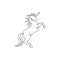 One single line drawing of cute jumping unicorn with horn for creative studio logo identity. Beautiful fairy animal creature