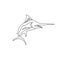 One single line drawing of giant marlin for fresh meat company logo identity. Jumping swordfish mascot concept for seafood can