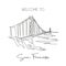 One single line drawing Golden Gate Bridge landmark. Iconic place in San Francisco, USA. Tourism travel home decor wall art poster