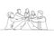 One single line drawing group of young happy male and female business people unite their hands together to form a circle shape.