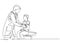 One single line drawing of male doctor giving medical aid treatment by attaching a bandage to injured little boy patient. Medical