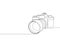 One single line drawing of old retro analog slr camera with telephoto lens. Vintage classic photography equipment concept