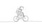 One single line drawing of spaceman astronaut riding bicycle on moon surface, cosmic galaxy vector illustration. Healthy space