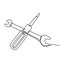 One single line drawing of stainless steel wrench key and screwdriver. Building tools concept for construction. Continuous line