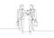 One single line drawing of two young company business men take a walk and talk together after company meeting