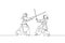 One single line drawing of two young energetic men exercise sparring fight kendo with wooden sword at gym center vector