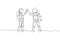 One single line drawing of two young happy astronauts gave high five while meeting on the street in moon surface vector