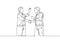 One single line drawing of two young happy businessmen colleagues shaking their hands to deal teamwork. Business agreement