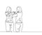 One single line drawing of two young happy businesswoman hugging each other when meeting at the office. Welcome greeting old