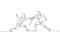 One single line drawing of two young men fencer athlete in fencing costume exercise motion on sport arena vector illustration.