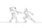 One single line drawing of two young women fencer athlete in fencing costume exercise duel on sport arena vector illustration.
